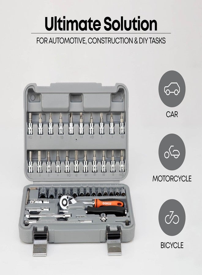 Groz 1/4" Drive 46 Pcs Hand Socket Set with Chrome Vandium Finish | ISO CERTIFIED | Hex Socket Set for Garages, DIY, Workshops, Professional Use | DIN 3120 | KIT/HSK/1-4/46 - Image 2
